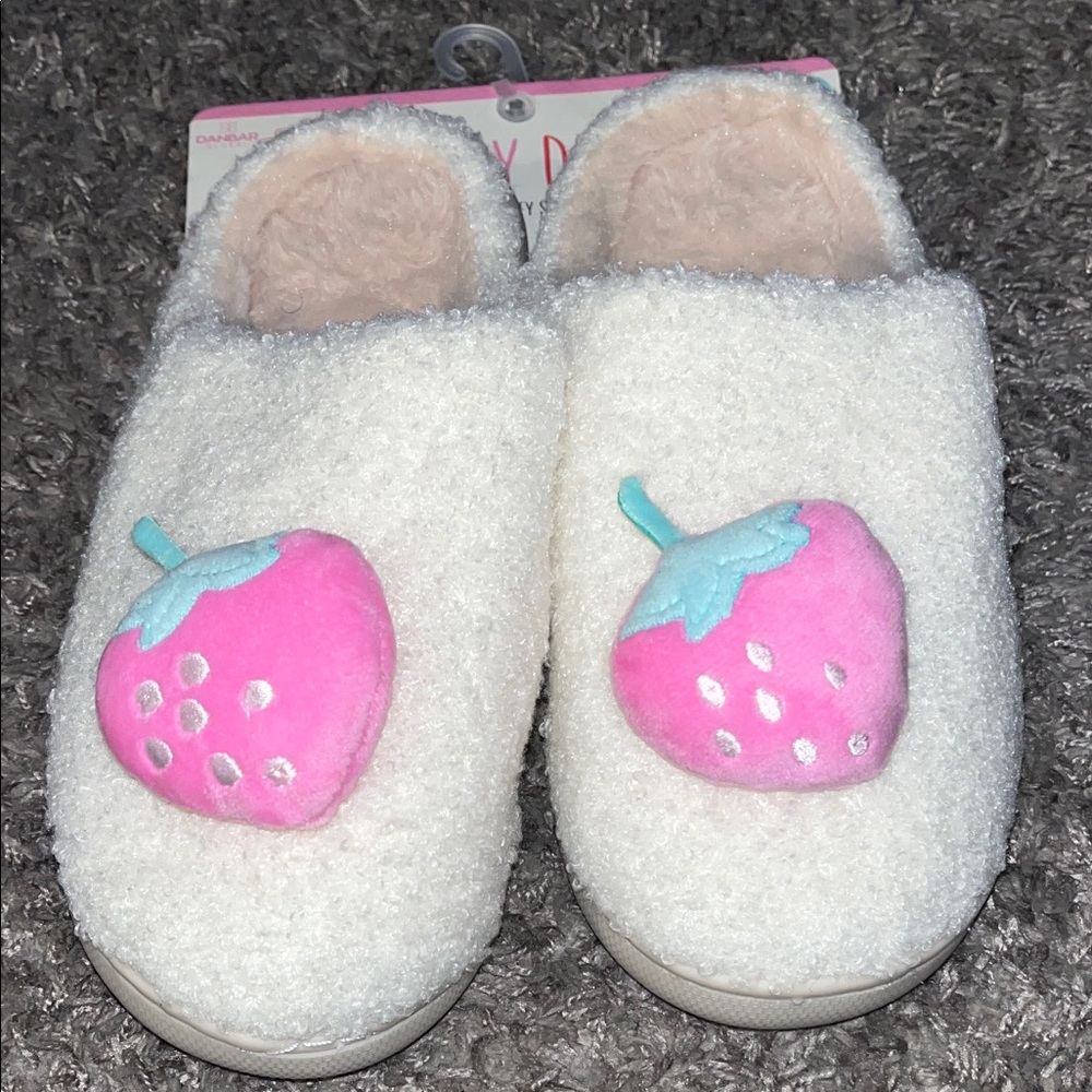 Cozy White Slippers with Pink Strawberry Design NWT